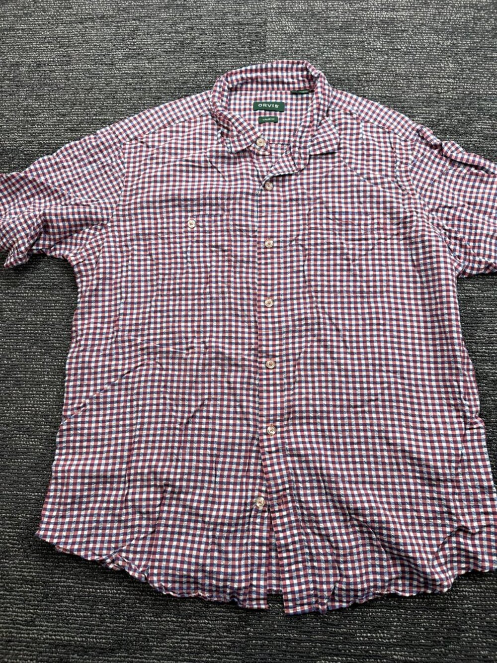 Orvis Classic Fit Mens XL Seersucker Short Sleeve Shirt Gingham Check Red